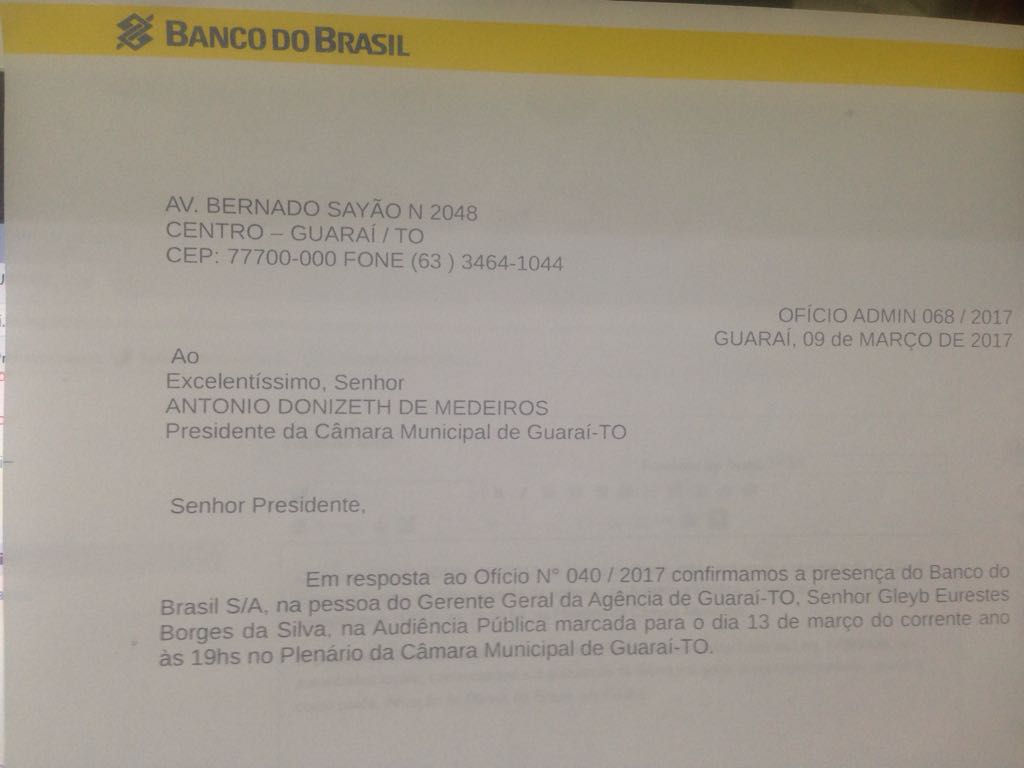 CONFIRMADA AUDIÊNCIA PÚBLICA COM O BANCO DO BRASIL