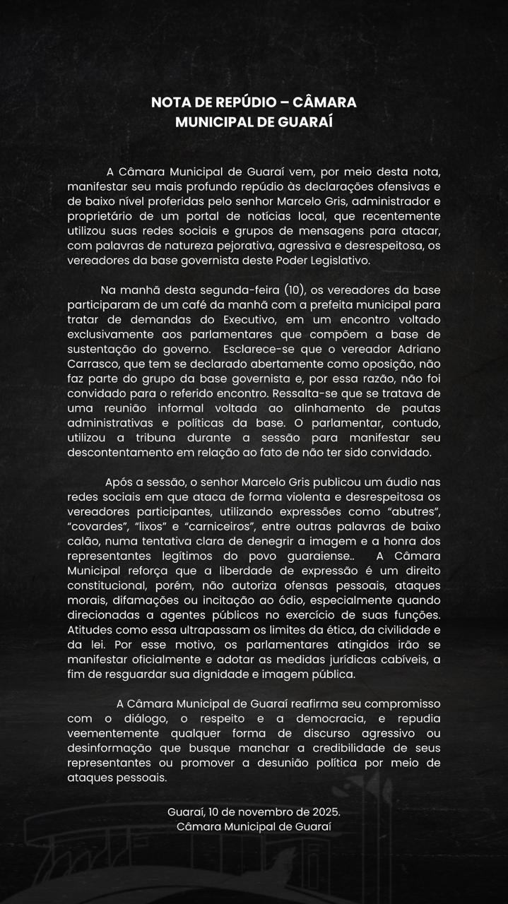 NOTA DE REPÚDIO - CÂMARA MUNICIPAL DE GUARAI-TO